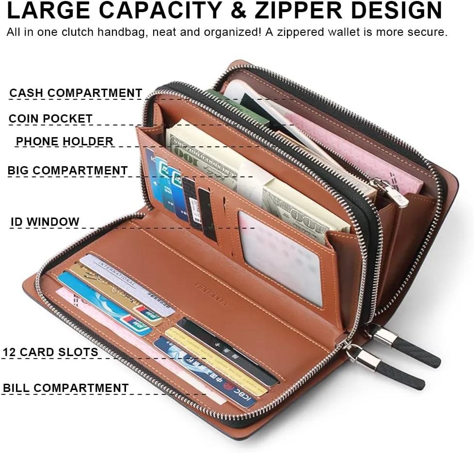 VANNANBA Clutch Purses Wristlet Wallets Large Leather Designer Double Zipper Long Hangbags Business Travel Clutch Phone Holder,Gift for Mens Father Son Husband Boyfriend(Blue)