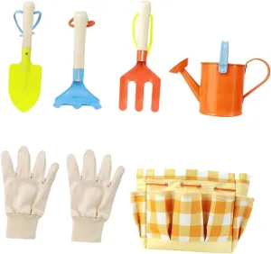 VANZACK 7 Pcs 1 Set Gardening Tools Kit Outdoor with Carrying Bag Gloves Watering Kettle Shovel Rake and Hoe Portable Planting Tools for Present for Young Gardeners