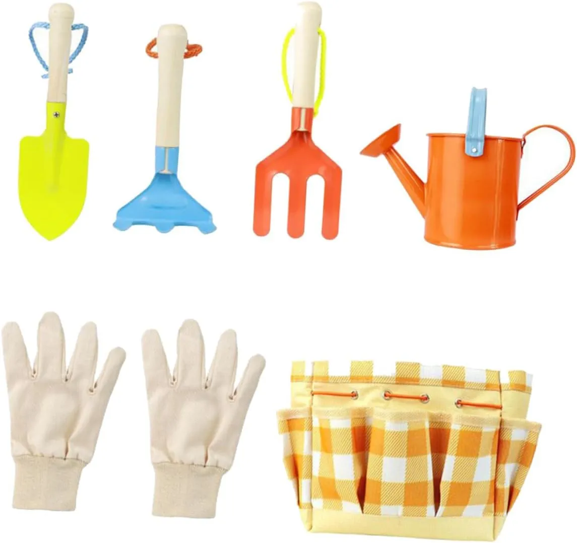 VANZACK 7 Pcs 1 Set Gardening Tools Kit Outdoor with Carrying Bag Gloves Watering Kettle Shovel Rake and Hoe Portable Planting Tools for Present for Young Gardeners