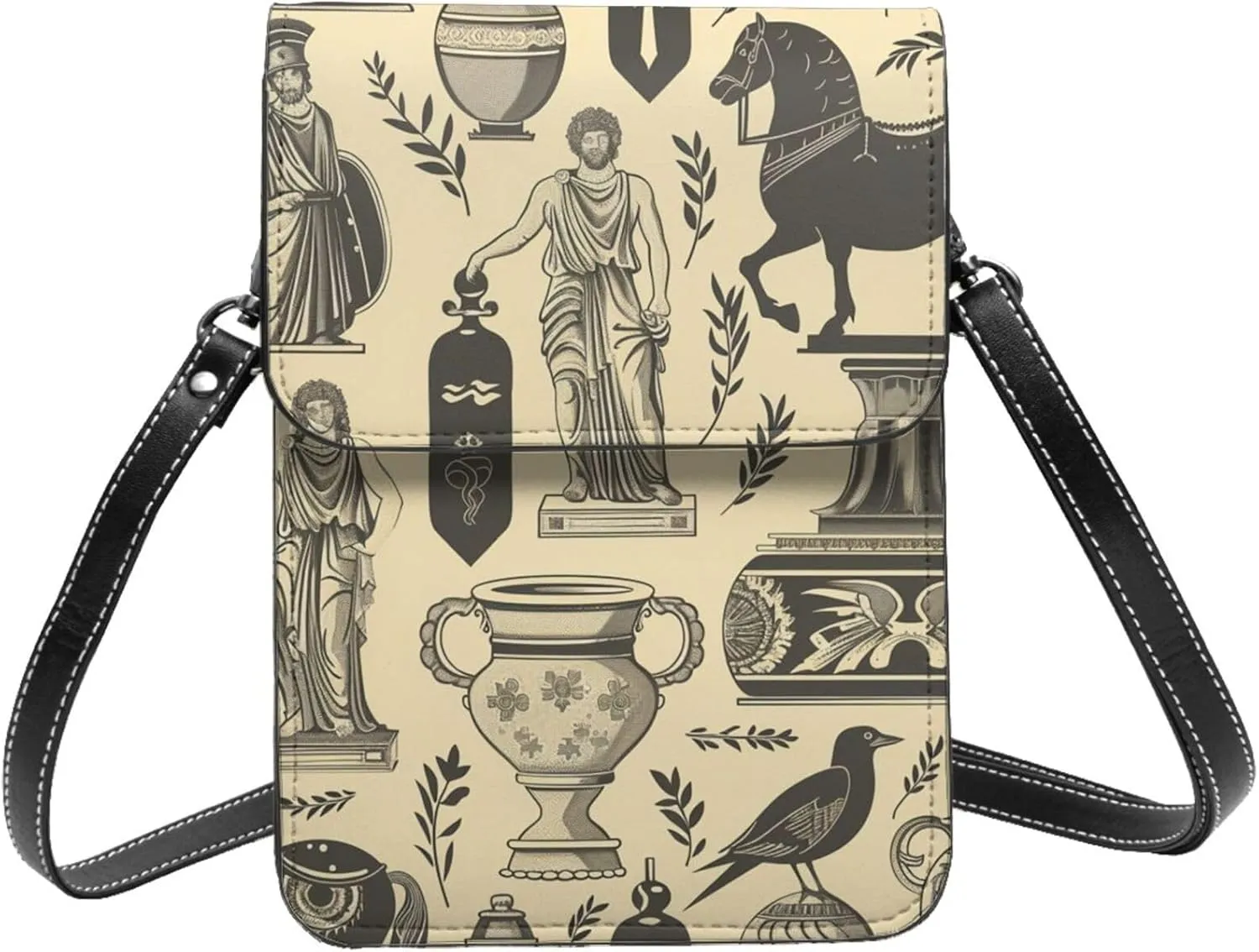 vases horses and statues ancient Greek art beige Leather Small Crossbody Bags for Women Cell Phone Bag Wallet Purses with Adjustable Strap