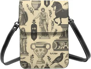 vases horses and statues ancient Greek art beige Leather Small Crossbody Bags for Women Cell Phone Bag Wallet Purses with Adjustable Strap