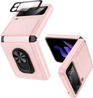 VEGO Compatible with Galaxy Z Flip 3 Case, 360°Rotate Ring Stand Holder Cover with Hinge Protection & Built-in Camera Screen Protector for Samsung Galaxy Z Flip 3 5G (2021) - Pink