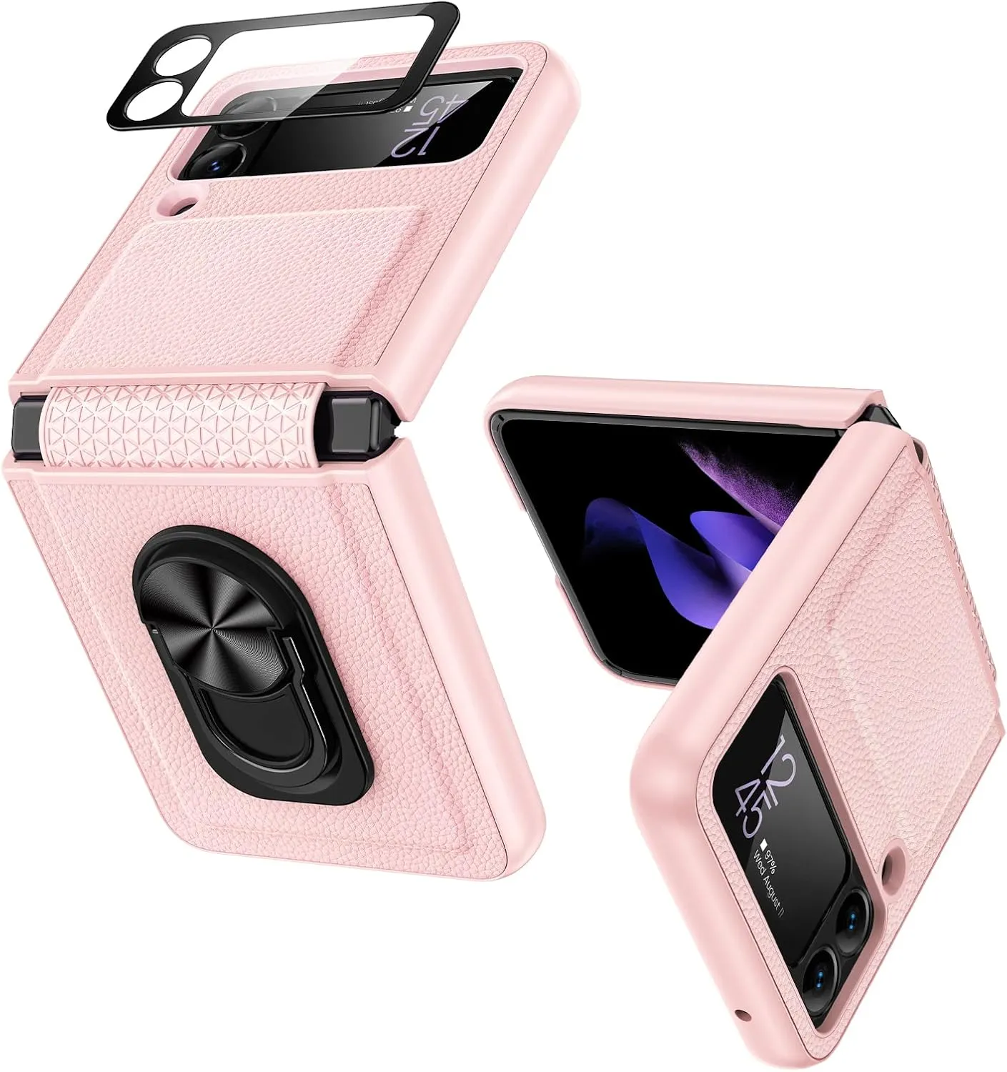 VEGO Compatible with Galaxy Z Flip 3 Case, 360°Rotate Ring Stand Holder Cover with Hinge Protection & Built-in Camera Screen Protector for Samsung Galaxy Z Flip 3 5G (2021) - Pink