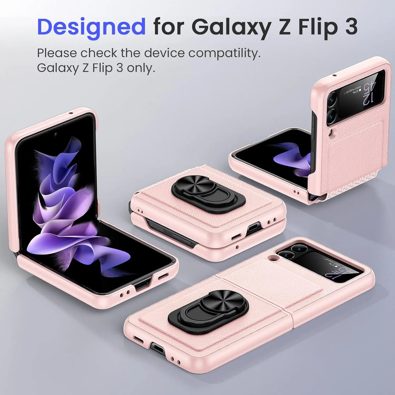VEGO Compatible with Galaxy Z Flip 3 Case, 360°Rotate Ring Stand Holder Cover with Hinge Protection & Built-in Camera Screen Protector for Samsung Galaxy Z Flip 3 5G (2021) - Pink