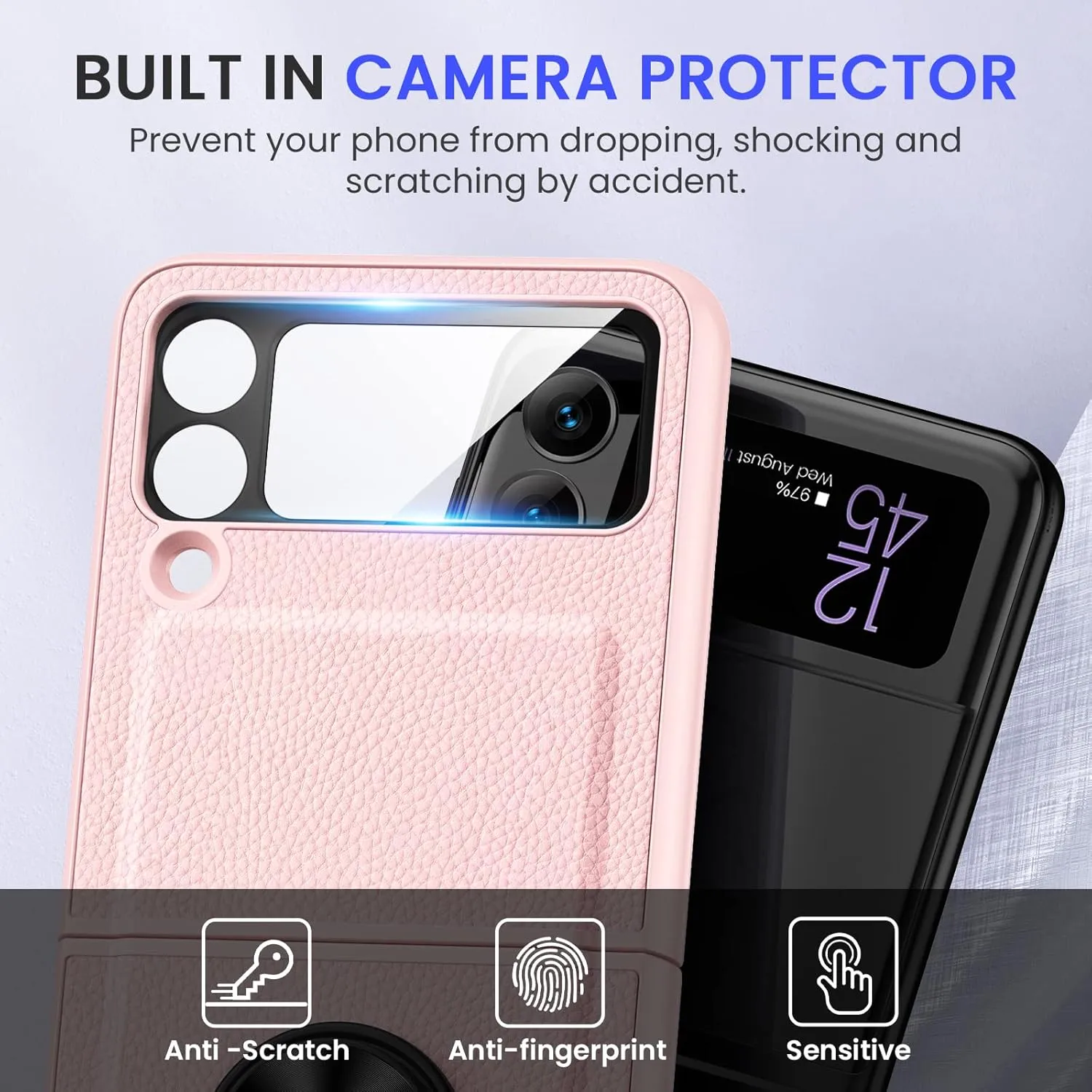 VEGO Compatible with Galaxy Z Flip 3 Case, 360°Rotate Ring Stand Holder Cover with Hinge Protection & Built-in Camera Screen Protector for Samsung Galaxy Z Flip 3 5G (2021) - Pink
