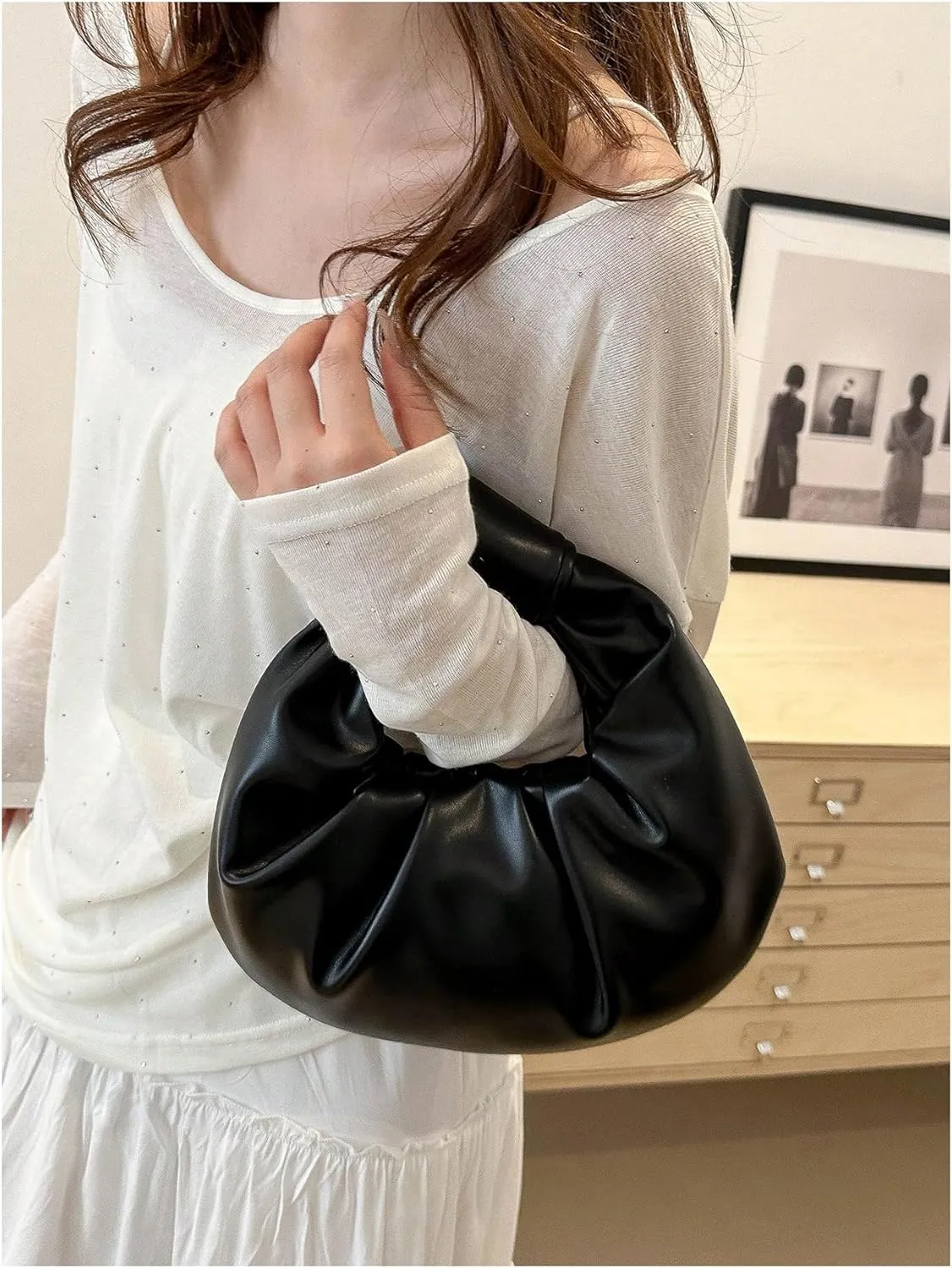 Verdusa Women's Ruched Leather Handbag Cloud Shape Pleated Knotted Hobo Bag Crescent Clutch Purse