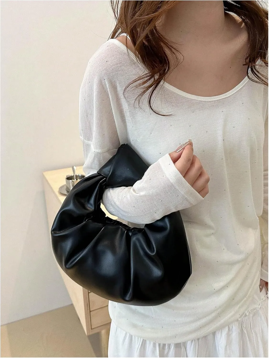 Verdusa Women's Ruched Leather Handbag Cloud Shape Pleated Knotted Hobo Bag Crescent Clutch Purse
