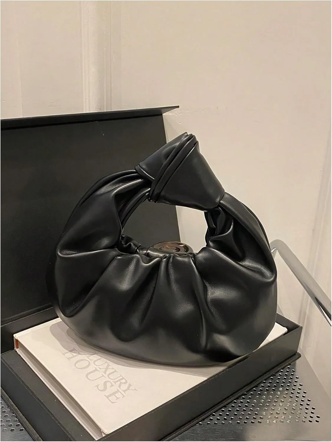 Verdusa Women's Ruched Leather Handbag Cloud Shape Pleated Knotted Hobo Bag Crescent Clutch Purse