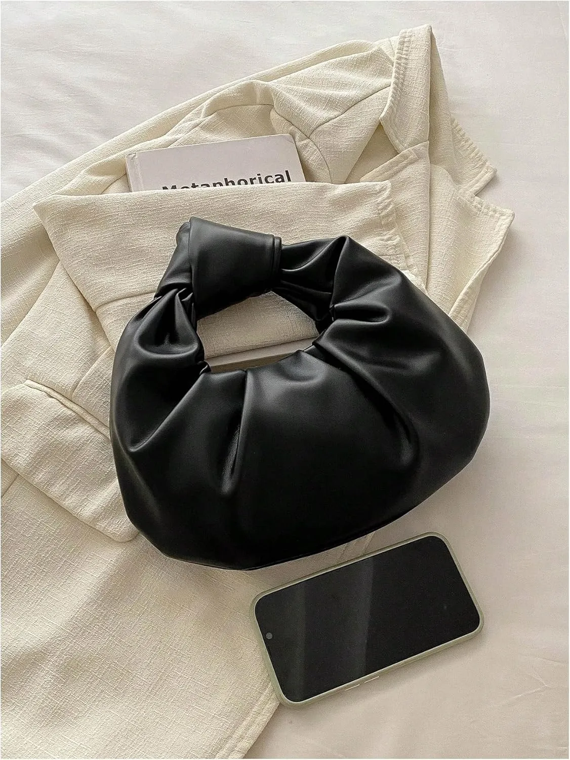 Verdusa Women's Ruched Leather Handbag Cloud Shape Pleated Knotted Hobo Bag Crescent Clutch Purse
