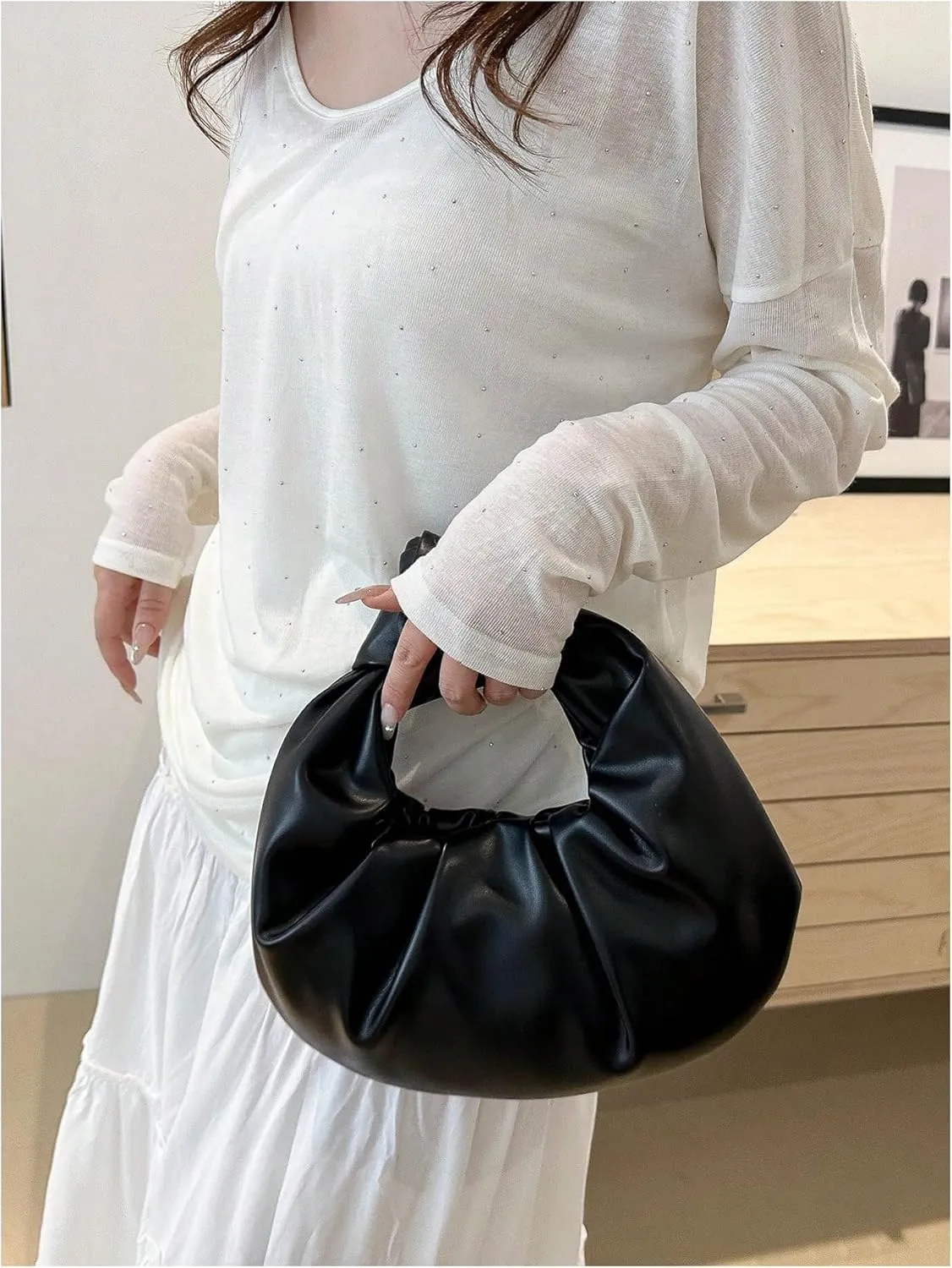 Verdusa Women's Ruched Leather Handbag Cloud Shape Pleated Knotted Hobo Bag Crescent Clutch Purse