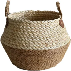 VESNIBA Large Seagrass Rope Woven Storage Basket Tall Decorative Seagrass Rope Basket for Living Room Toys Or Blankets Wicker Baskets with Handles Cute Baby Laundry Hamper Glass Flower (A, One Size)