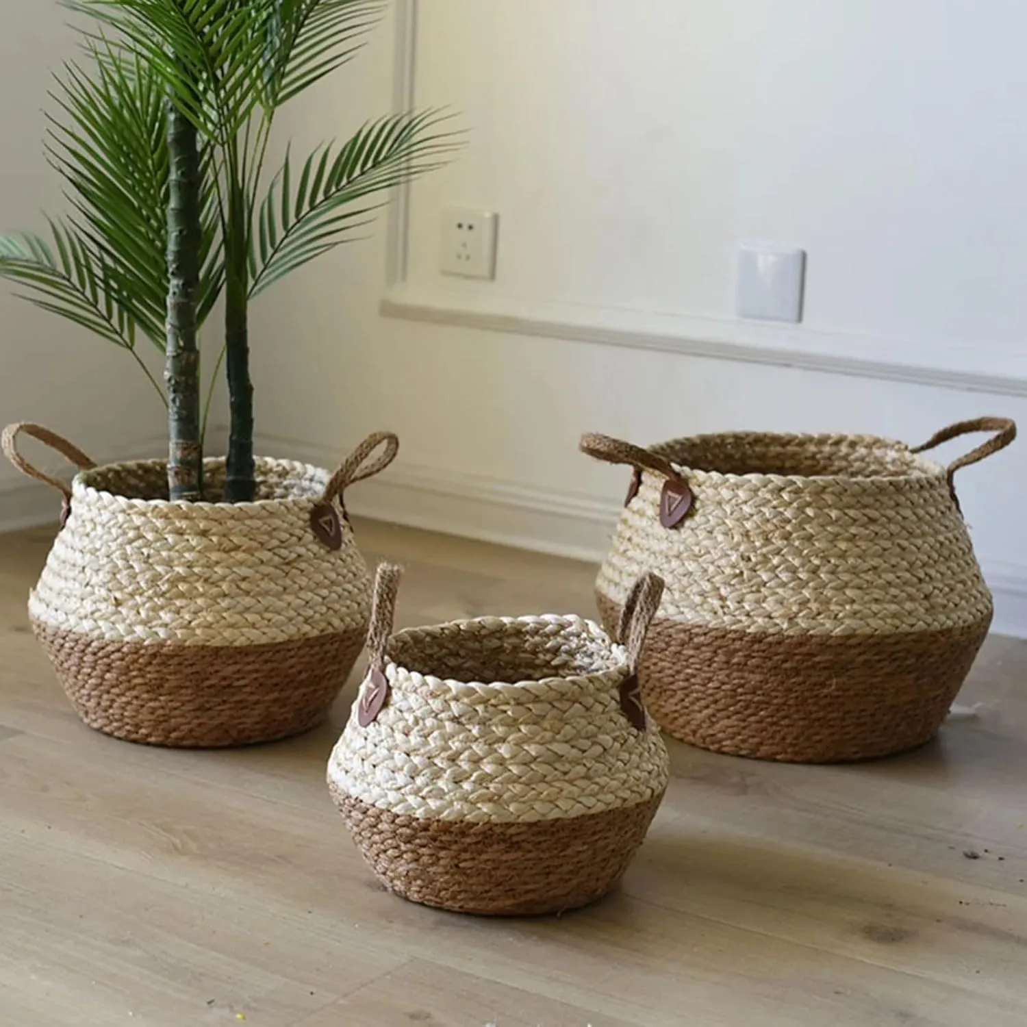 VESNIBA Large Seagrass Rope Woven Storage Basket Tall Decorative Seagrass Rope Basket for Living Room Toys Or Blankets Wicker Baskets with Handles Cute Baby Laundry Hamper Glass Flower (A, One Size)