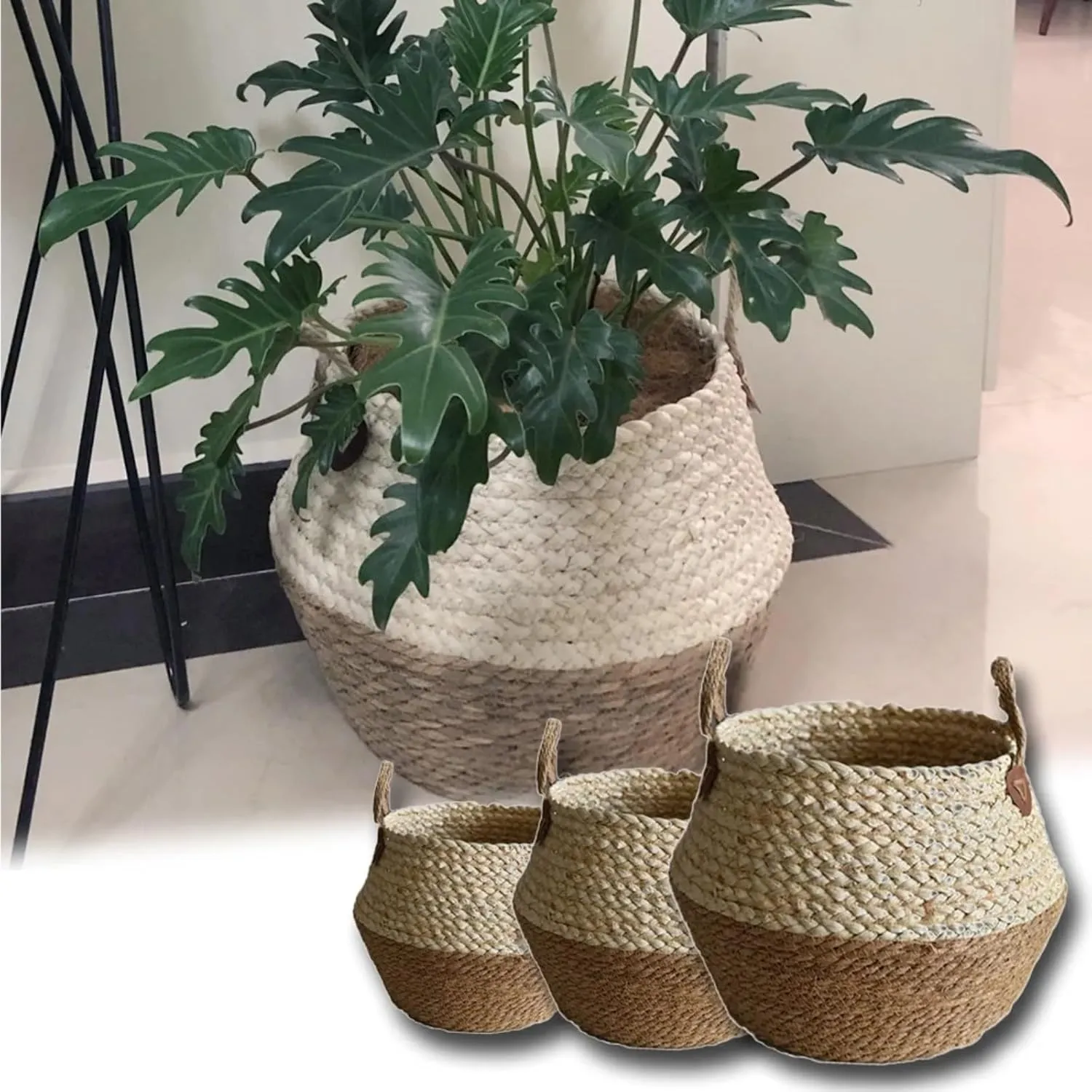 VESNIBA Large Seagrass Rope Woven Storage Basket Tall Decorative Seagrass Rope Basket for Living Room Toys Or Blankets Wicker Baskets with Handles Cute Baby Laundry Hamper Glass Flower (A, One Size)