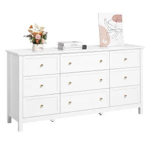 VEVOR 9 Drawer Dresser, Wooden Chest of Drawers with Sliding and Anti-tip Device, Retro Minimalist Dresser Chest, Closet Storage TV Stand Organizer for Living Room, Hallway, Bedroom, Entryway, White