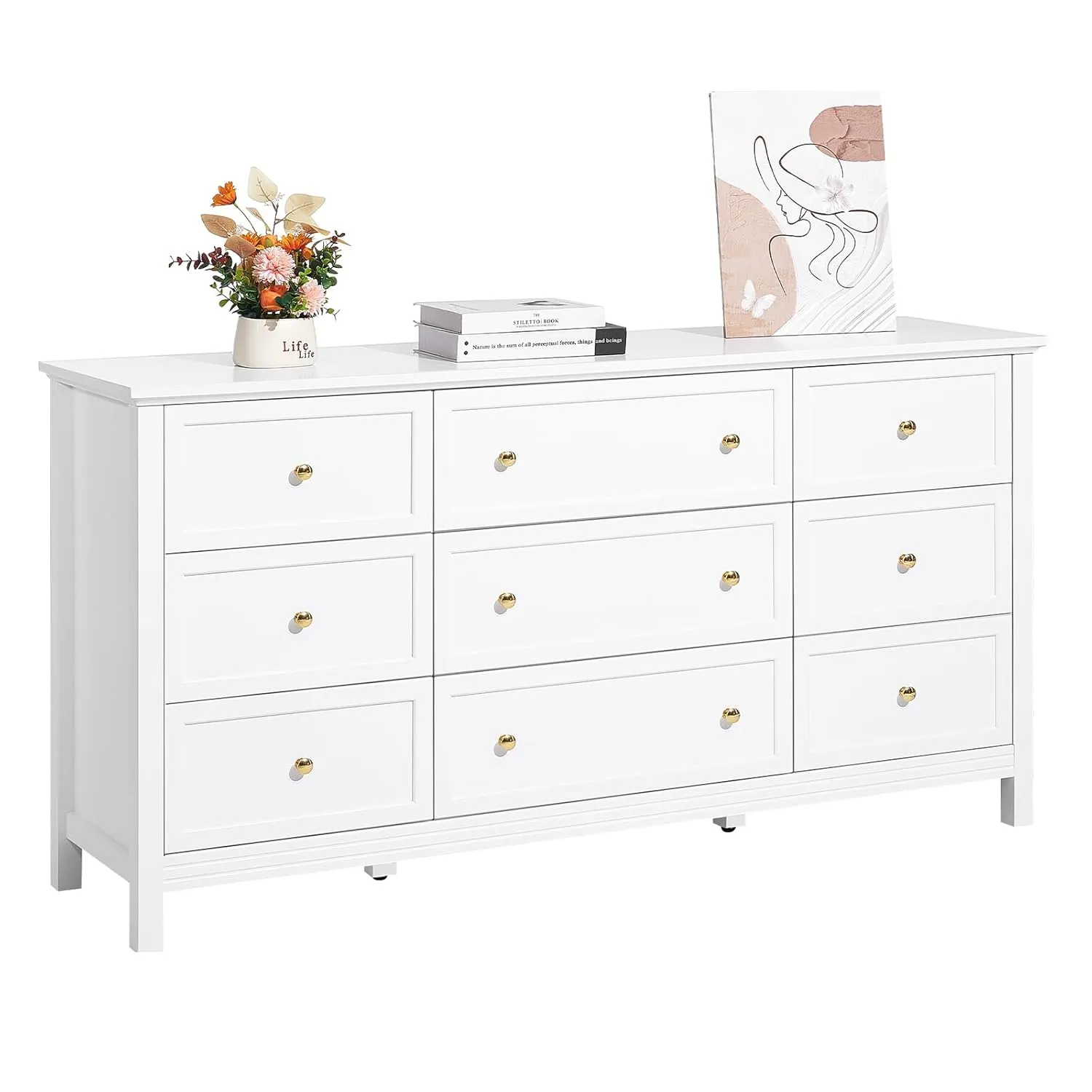 VEVOR 9 Drawer Dresser, Wooden Chest of Drawers with Sliding and Anti-tip Device, Retro Minimalist Dresser Chest, Closet Storage TV Stand Organizer for Living Room, Hallway, Bedroom, Entryway, White