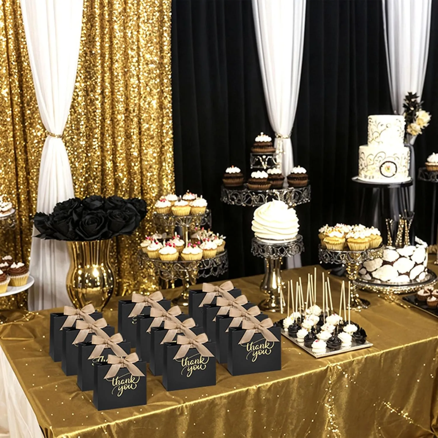 VGOODALL 24PCS Thank You Gift Bags, 4.5x3.9x1.8Inches Mini Party Favor Bags Black Treat Boxes with Bow Ribbon for Wedding Bridal Baby Shower Birthday Party
