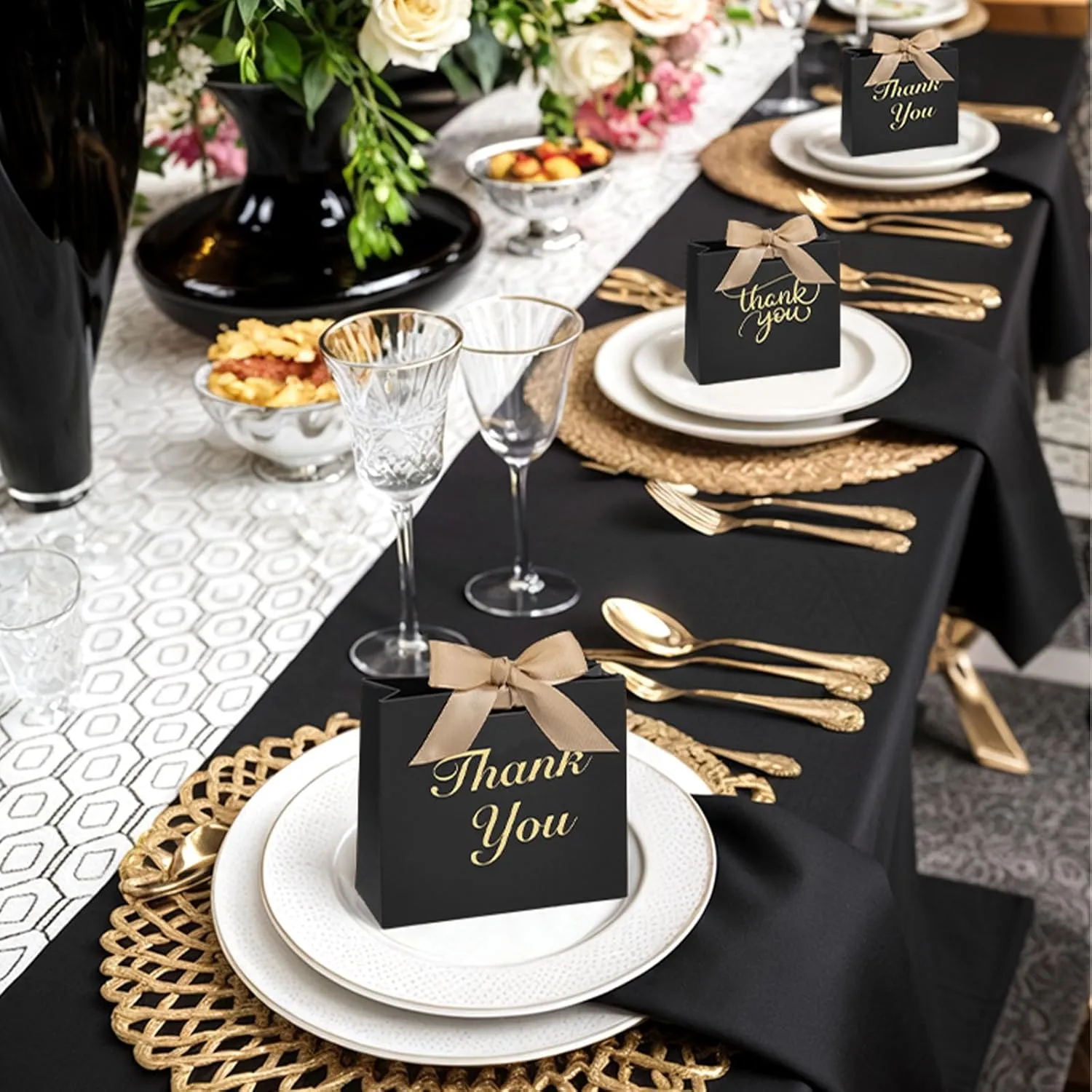 VGOODALL 24PCS Thank You Gift Bags, 4.5x3.9x1.8Inches Mini Party Favor Bags Black Treat Boxes with Bow Ribbon for Wedding Bridal Baby Shower Birthday Party