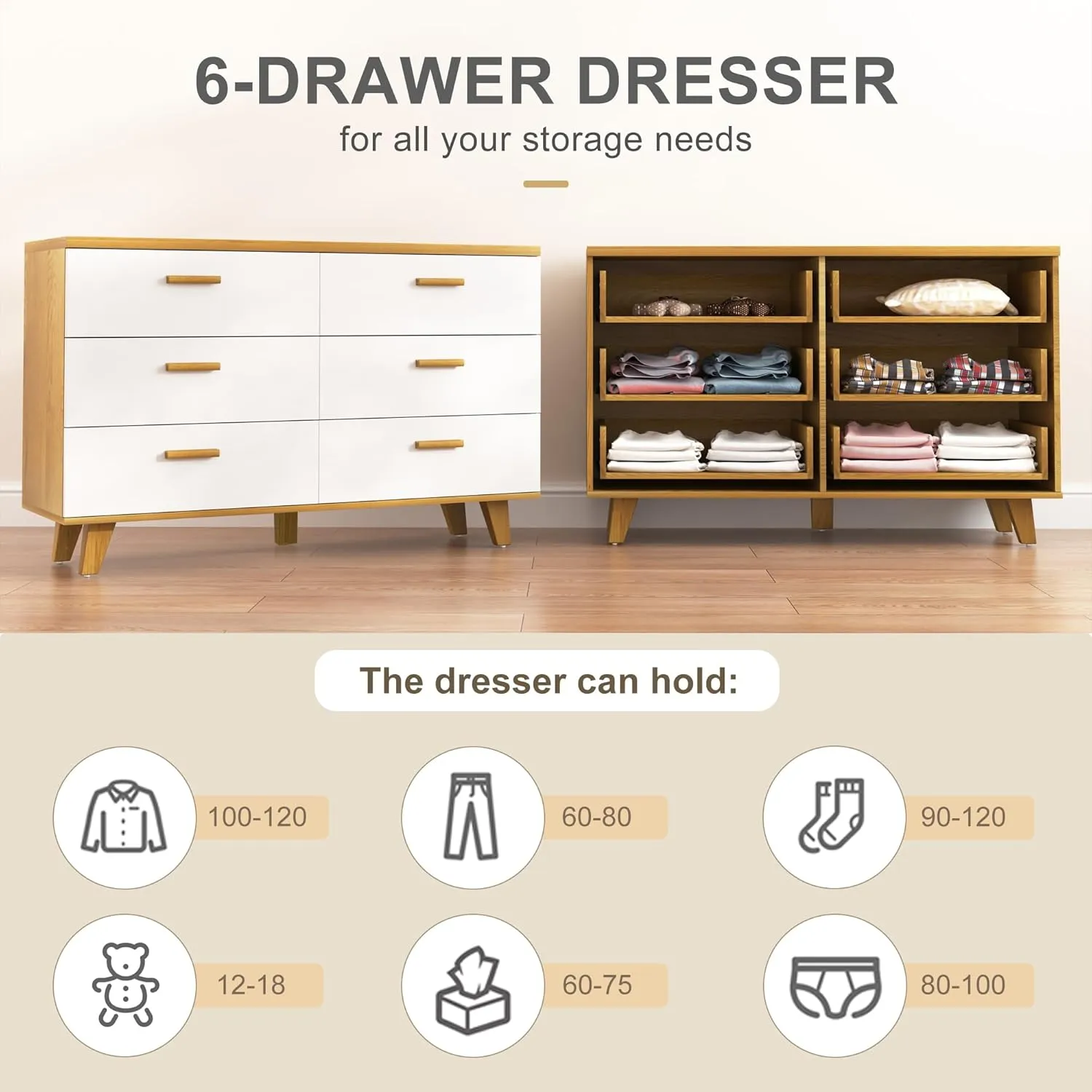 Vibe & Dine 6 Drawer Dresser, White Wooden Dresser for Bedroom, Wide Chest of Drawers with Solid Wood Handles and Legs for Living Room