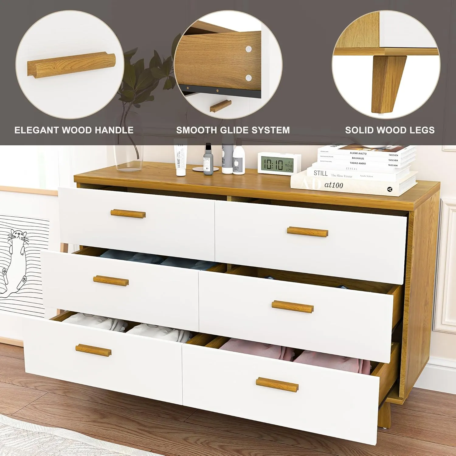 Vibe & Dine 6 Drawer Dresser, White Wooden Dresser for Bedroom, Wide Chest of Drawers with Solid Wood Handles and Legs for Living Room