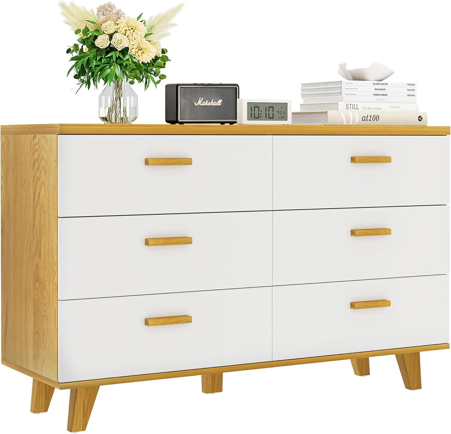 Vibe & Dine 6 Drawer Dresser, White Wooden Dresser for Bedroom, Wide Chest of Drawers with Solid Wood Handles and Legs for Living Room