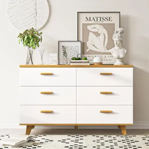 Vibe & Dine 6 Drawer Dresser, White Wooden Dresser for Bedroom, Wide Chest of Drawers with Solid Wood Handles and Legs for Living Room
