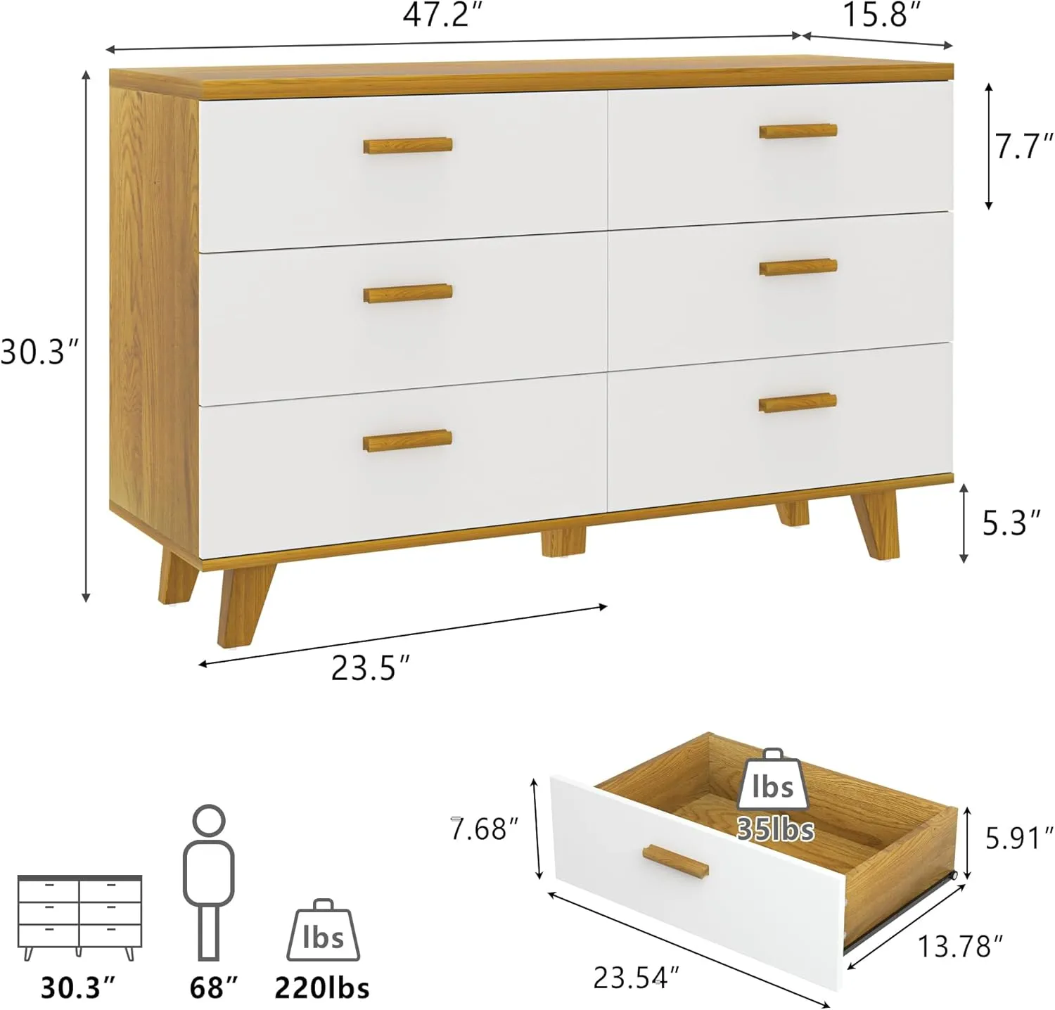 Vibe & Dine 6 Drawer Dresser, White Wooden Dresser for Bedroom, Wide Chest of Drawers with Solid Wood Handles and Legs for Living Room