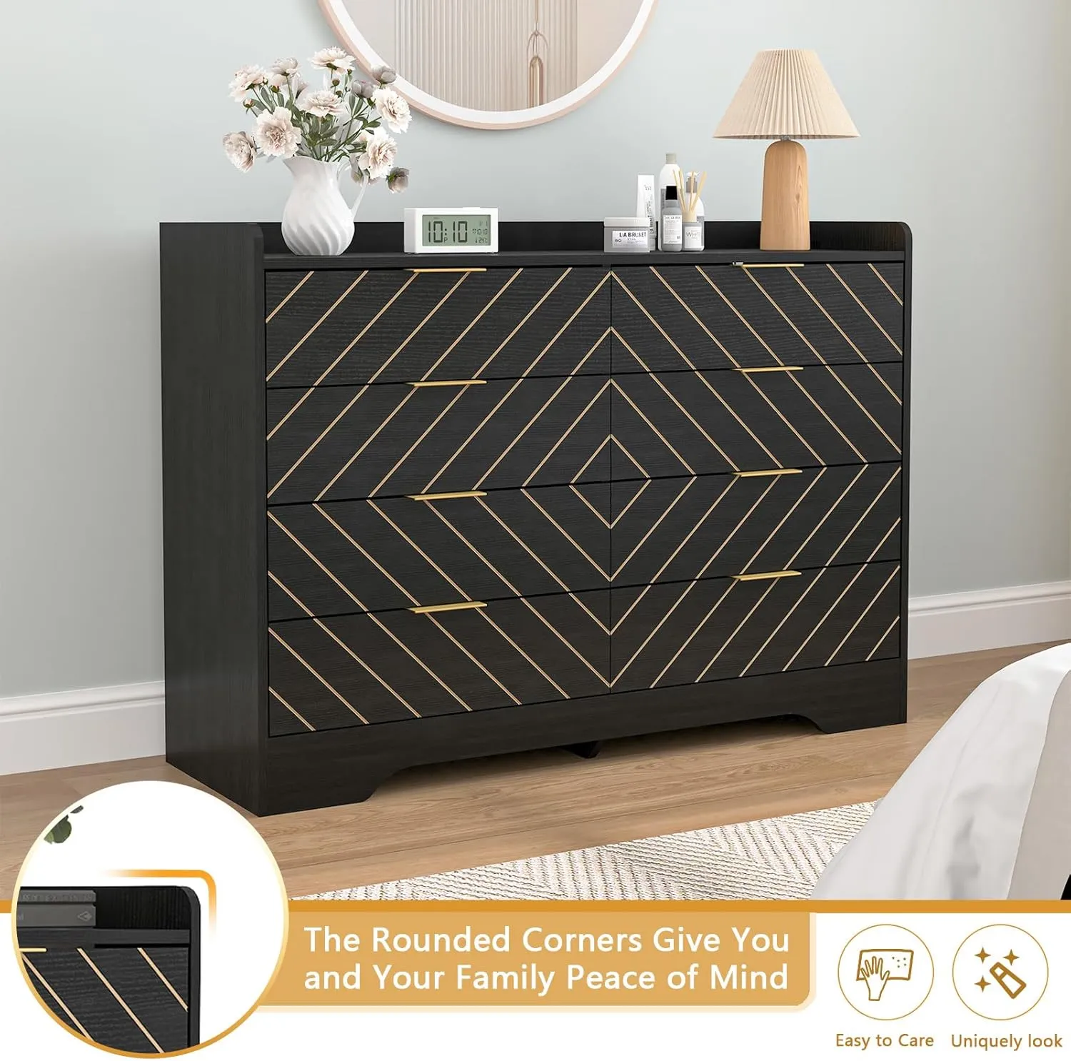 Vibe & Dine 8 Drawer Dresser for Bedroom, Black Double Dresser, Wide Wood Chest of Drawers with Gold Handles, Modern Storage Dressers Organizer for Bedroom, Living Room, Hallway