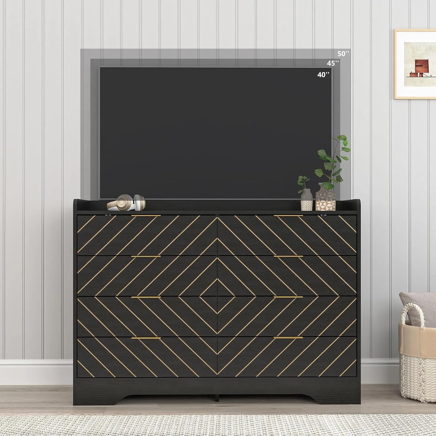 Vibe & Dine 8 Drawer Dresser for Bedroom, Black Double Dresser, Wide Wood Chest of Drawers with Gold Handles, Modern Storage Dressers Organizer for Bedroom, Living Room, Hallway
