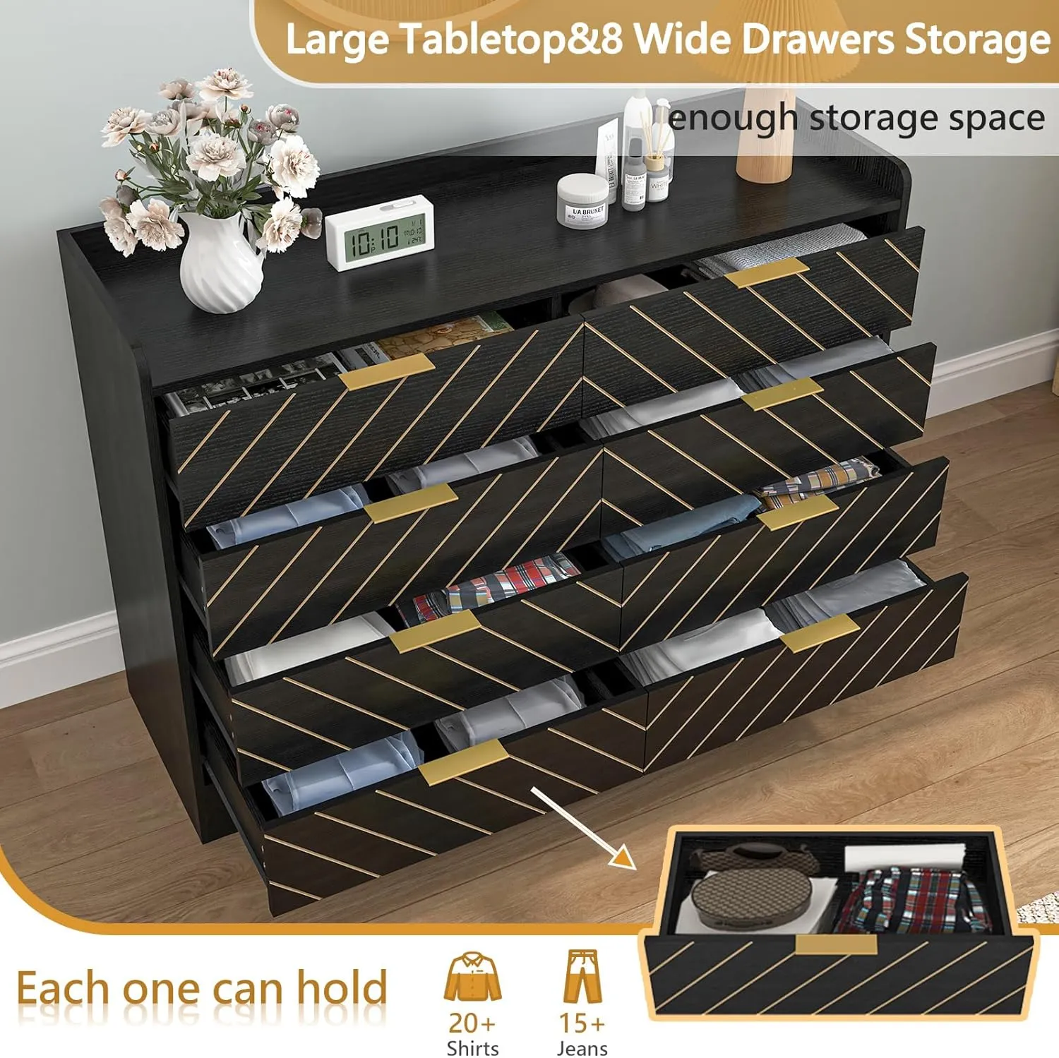 Vibe & Dine 8 Drawer Dresser for Bedroom, Black Double Dresser, Wide Wood Chest of Drawers with Gold Handles, Modern Storage Dressers Organizer for Bedroom, Living Room, Hallway