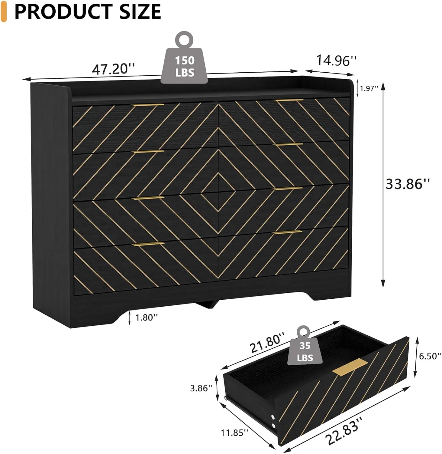 Vibe & Dine 8 Drawer Dresser for Bedroom, Black Double Dresser, Wide Wood Chest of Drawers with Gold Handles, Modern Storage Dressers Organizer for Bedroom, Living Room, Hallway