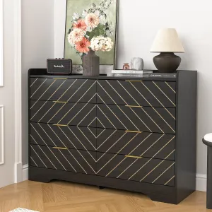 Vibe & Dine 8 Drawer Dresser for Bedroom, Black Double Dresser, Wide Wood Chest of Drawers with Gold Handles, Modern Storage Dressers Organizer for Bedroom, Living Room, Hallway