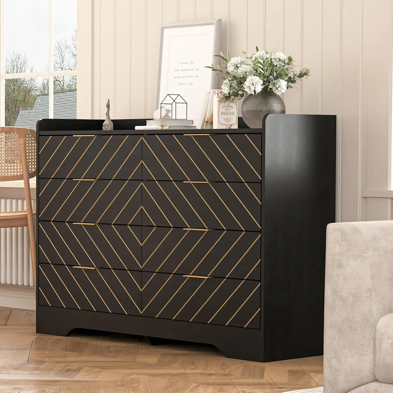 Vibe & Dine 8 Drawer Dresser for Bedroom, Black Double Dresser, Wide Wood Chest of Drawers with Gold Handles, Modern Storage Dressers Organizer for Bedroom, Living Room, Hallway