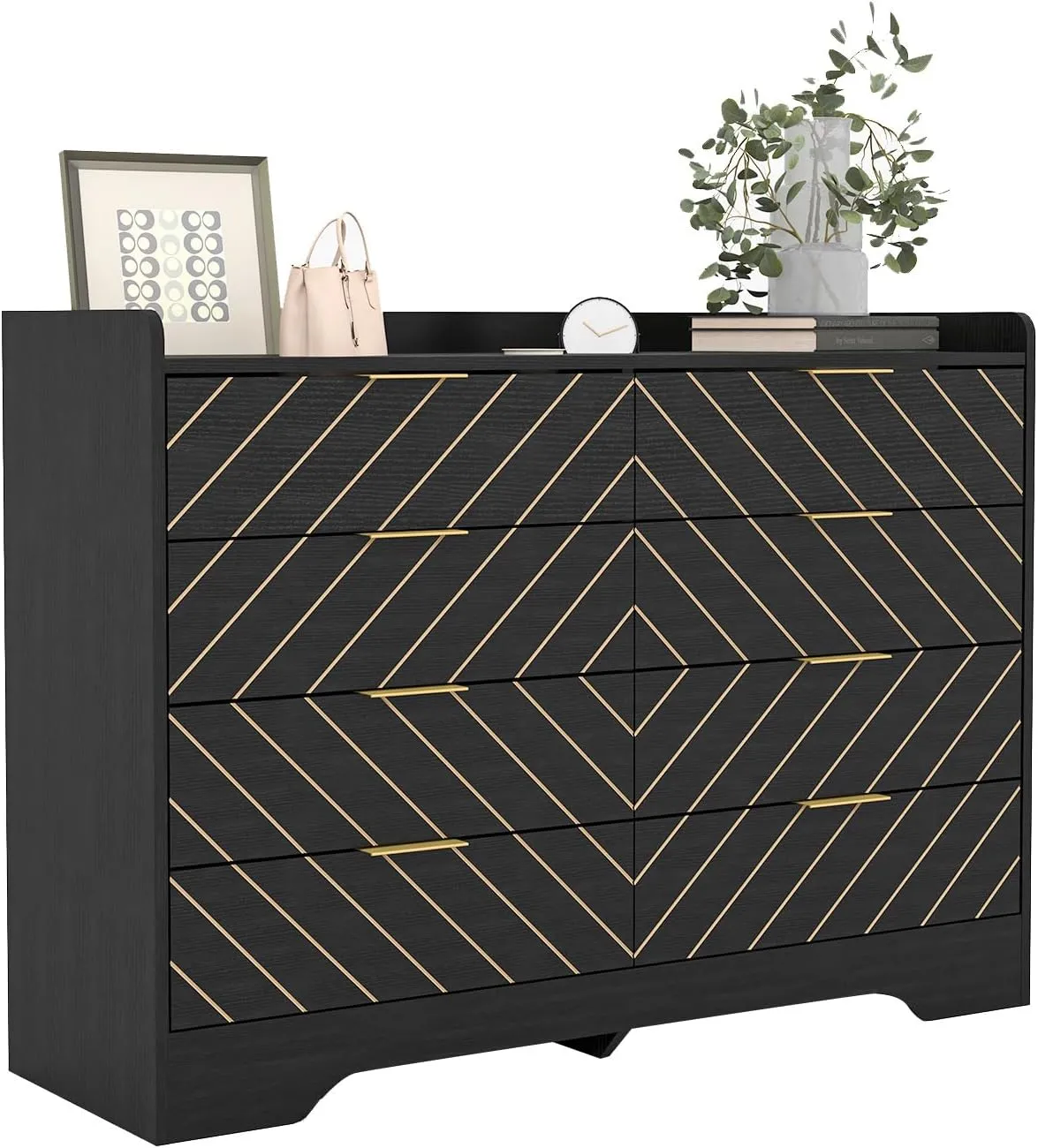 Vibe & Dine 8 Drawer Dresser for Bedroom, Black Double Dresser, Wide Wood Chest of Drawers with Gold Handles, Modern Storage Dressers Organizer for Bedroom, Living Room, Hallway