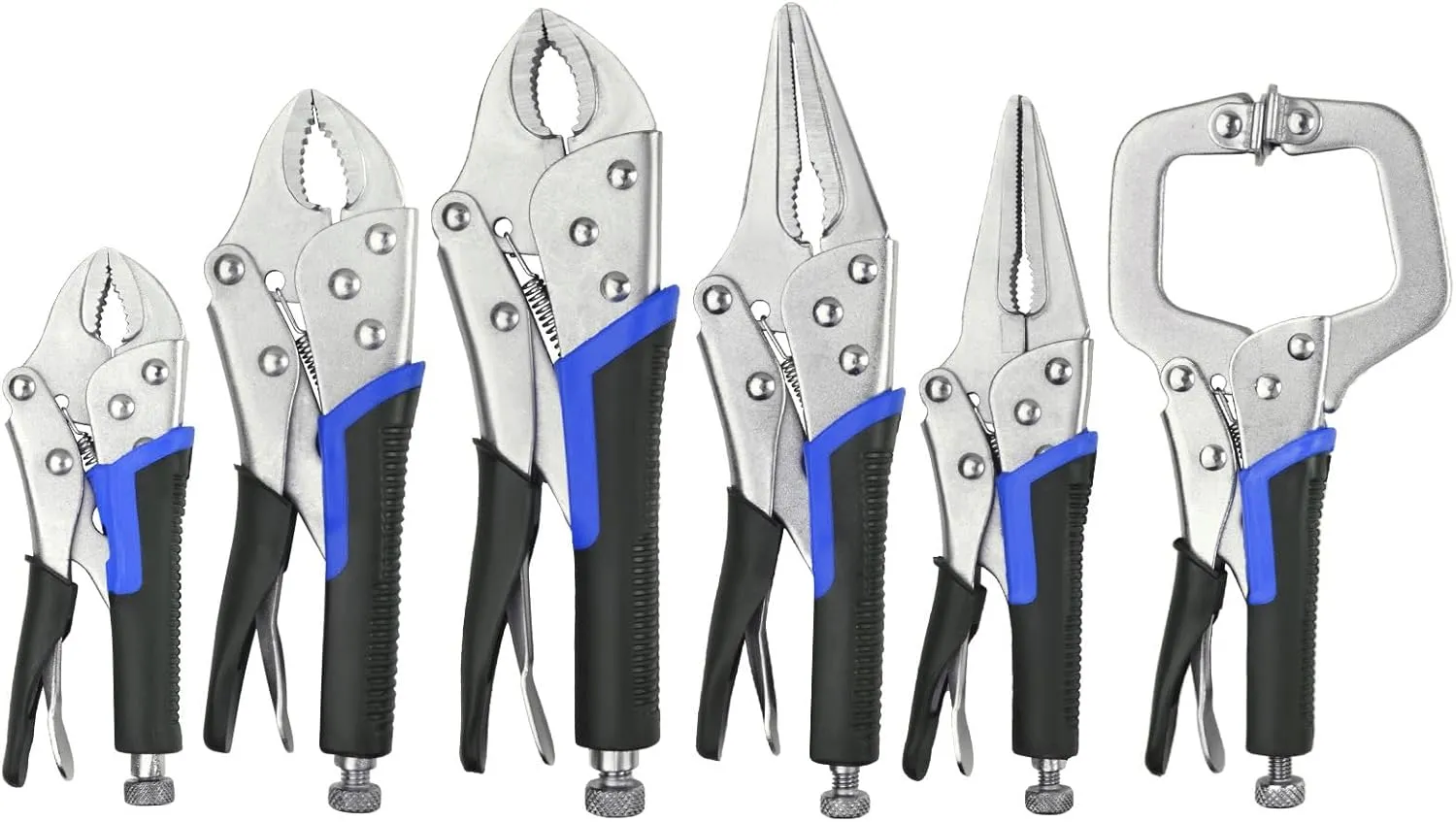 Vice Grips, 6-Pack Vise Grips 5"/7"/10" Curved Jaw Locking Pliers, 6-1/2" & 9-1/2" Needle Nose Pliers Set and 6" C-Clamp for Welding, Woodworking, Metal Working