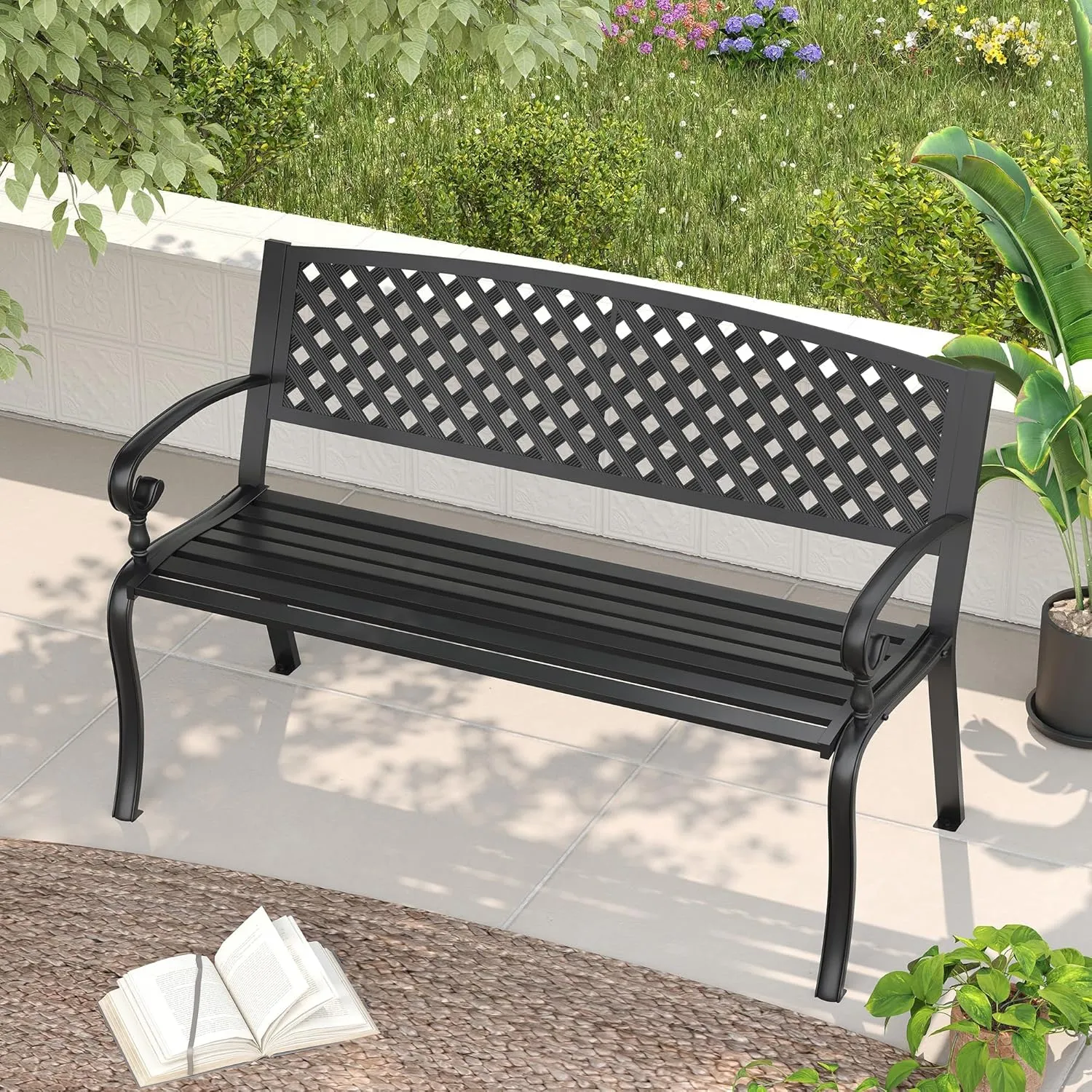VICLLAX Outdoor Garden Bench, Metal Frame Patio Bench with Basket Weave Design Backrest for Porch Yard Lawn Deck, Black