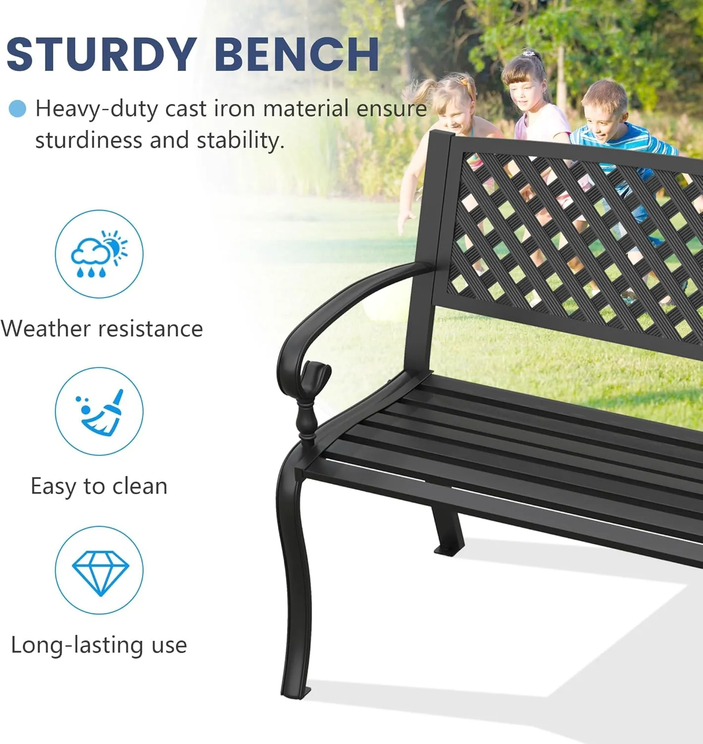 VICLLAX Outdoor Garden Bench, Metal Frame Patio Bench with Basket Weave Design Backrest for Porch Yard Lawn Deck, Black