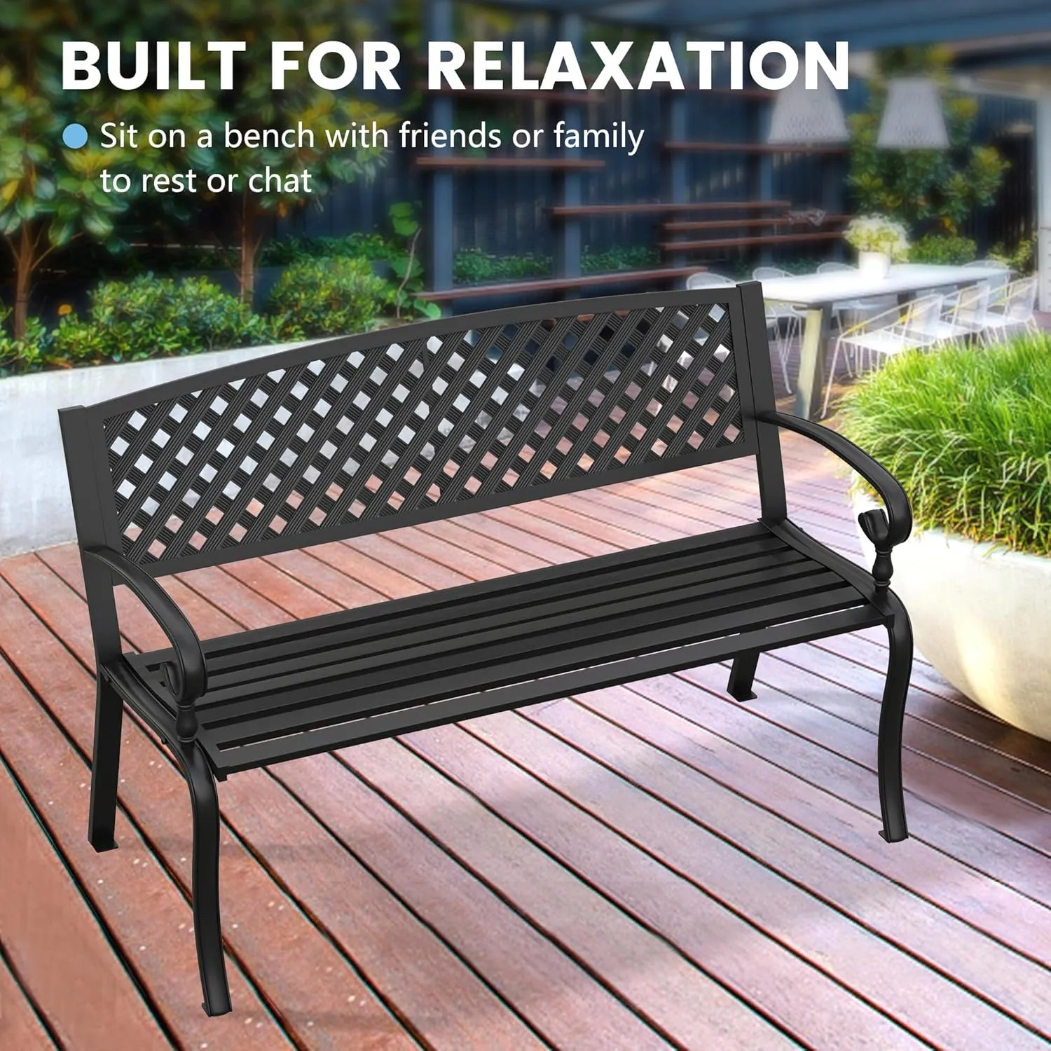 VICLLAX Outdoor Garden Bench, Metal Frame Patio Bench with Basket Weave Design Backrest for Porch Yard Lawn Deck, Black