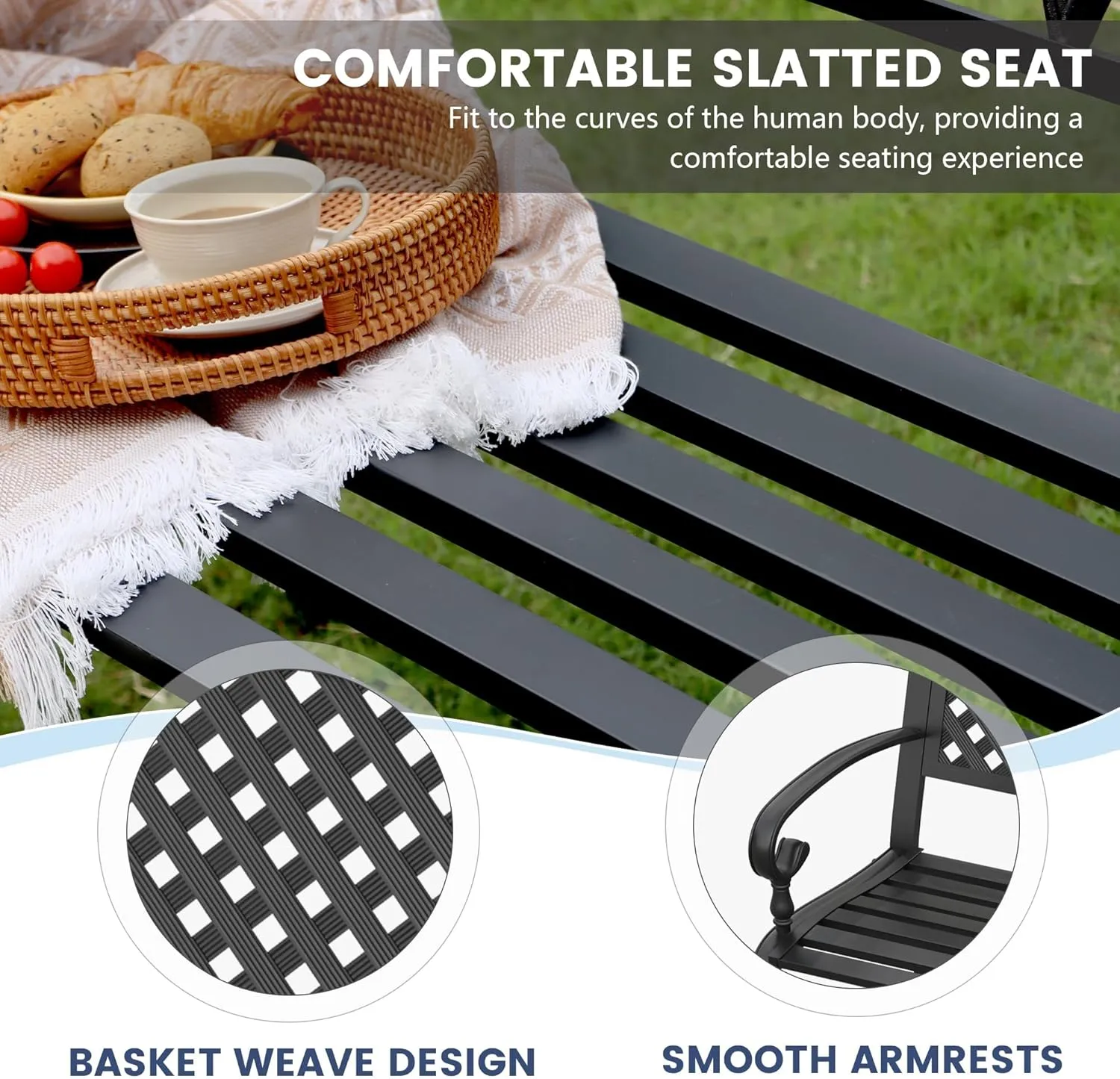 VICLLAX Outdoor Garden Bench, Metal Frame Patio Bench with Basket Weave Design Backrest for Porch Yard Lawn Deck, Black