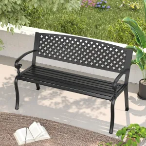 VICLLAX Outdoor Garden Bench, Metal Frame Patio Bench with Basket Weave Design Backrest for Porch Yard Lawn Deck, Black