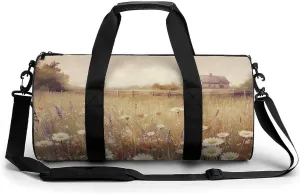 Vintage Farmhouse Flower Wooden Fence Travel Gym Bag for Women Men Cylindrical Duffle Bag Sport Workout Bag with Shoulder Strap