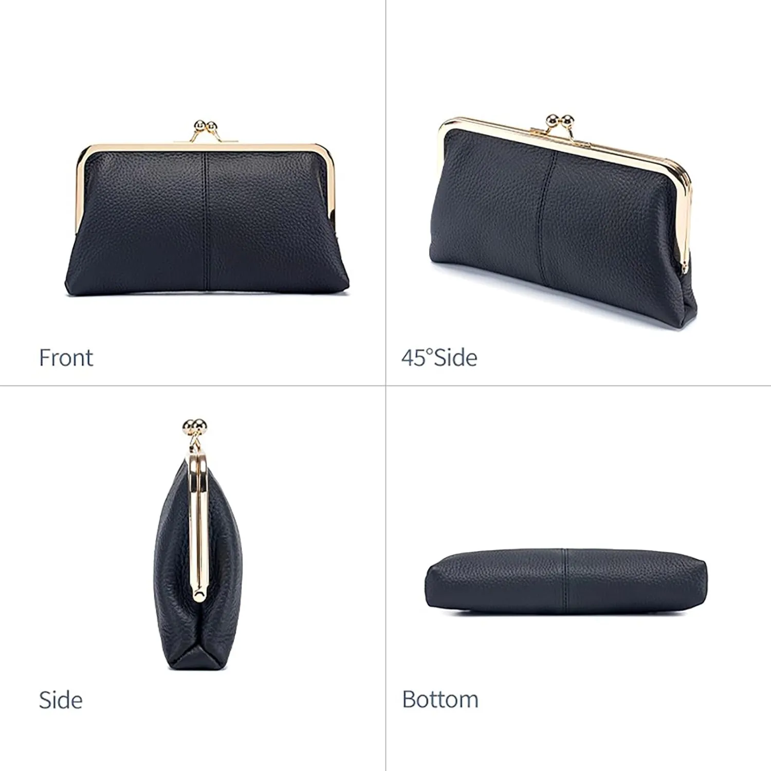 Vintage Kiss Lock Wallet for Women, Genuine Leather Multi-card Slots Card Holder Clutch Purse Travel Wallet (Black)