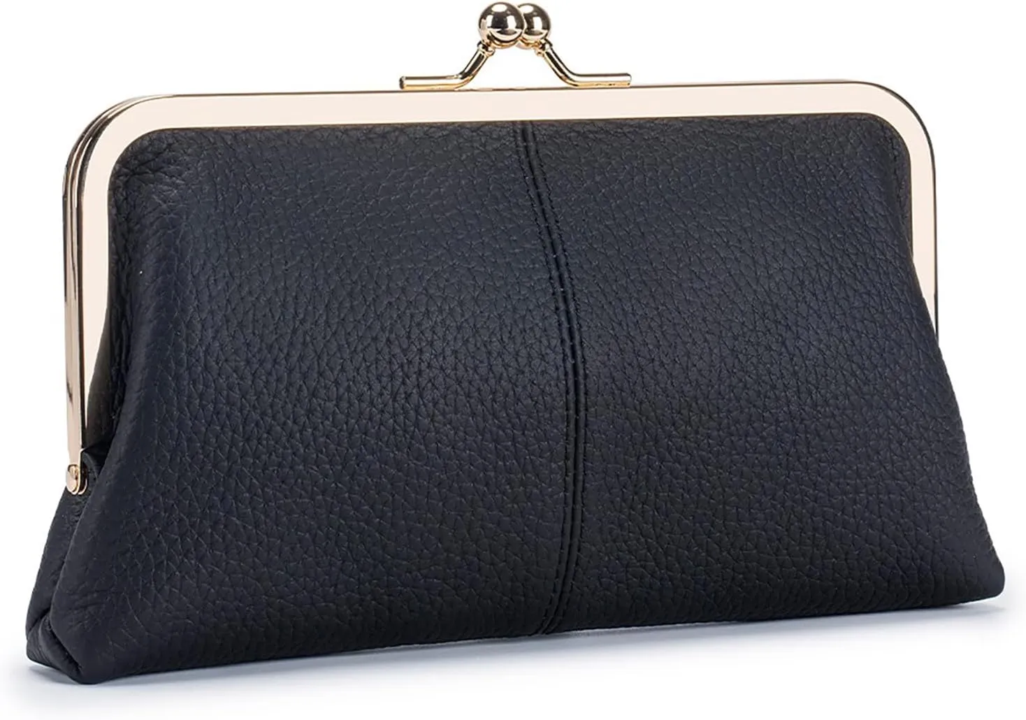 Vintage Kiss Lock Wallet for Women, Genuine Leather Multi-card Slots Card Holder Clutch Purse Travel Wallet (Black)