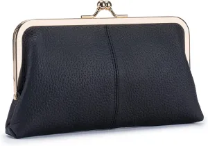 Vintage Kiss Lock Wallet for Women, Genuine Leather Multi-card Slots Card Holder Clutch Purse Travel Wallet (Black)