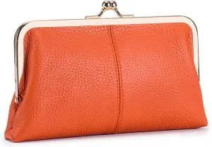 Vintage Kiss Lock Wallet for Women, Genuine Leather Multi-card Slots Card Holder Clutch Purse Travel Wallet (Orange)