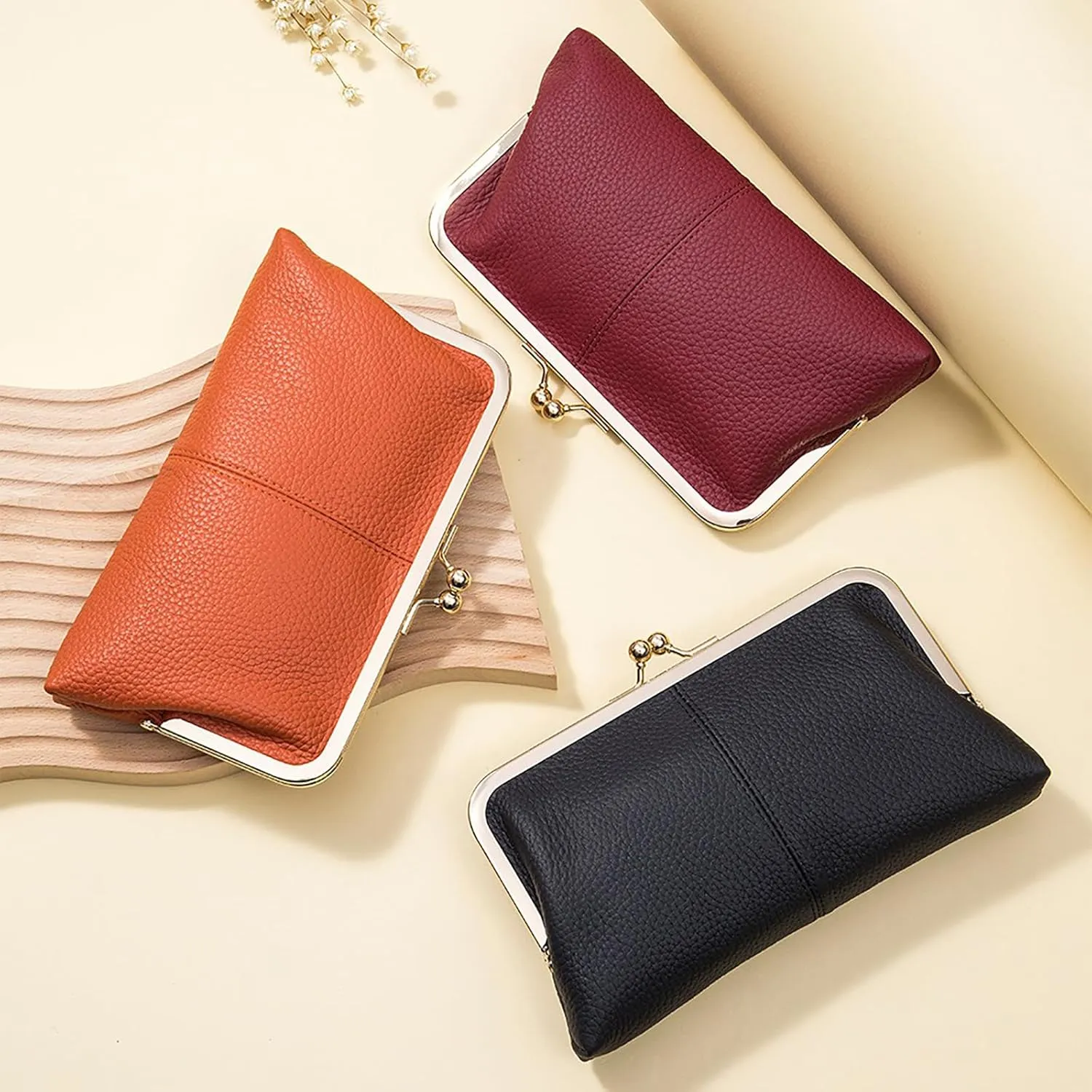 Vintage Kiss Lock Wallet for Women, Genuine Leather Multi-card Slots Card Holder Clutch Purse Travel Wallet (Orange)