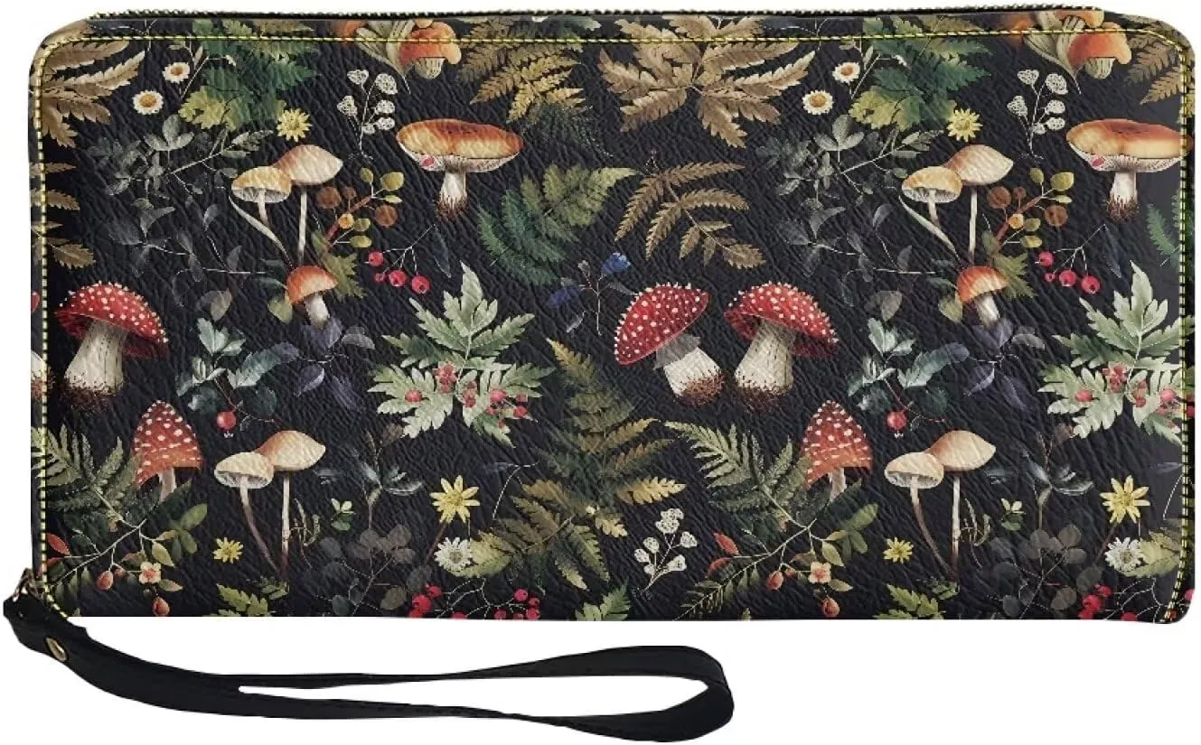 Vintage Mushroom Slim Wallets for Women Credit Card Holder Clutch Wallets Zipper Long Wallet Large Capacity Purse Handbag