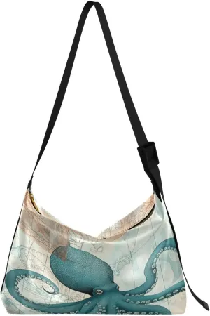 Vintage Plank Scratch Ocean Seabird Bag with Zipper and Pockets, Leather Crossbody Bag, Woman Leather Bag