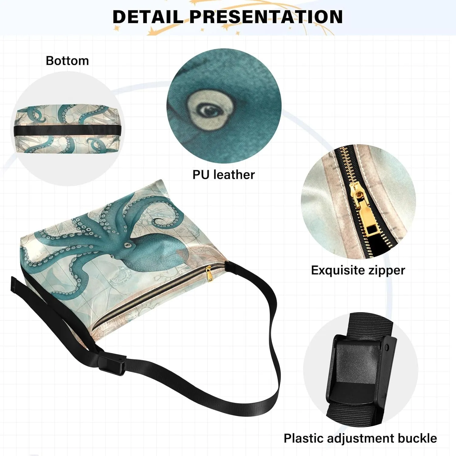 Vintage Plank Scratch Ocean Seabird Bag with Zipper and Pockets, Leather Crossbody Bag, Woman Leather Bag