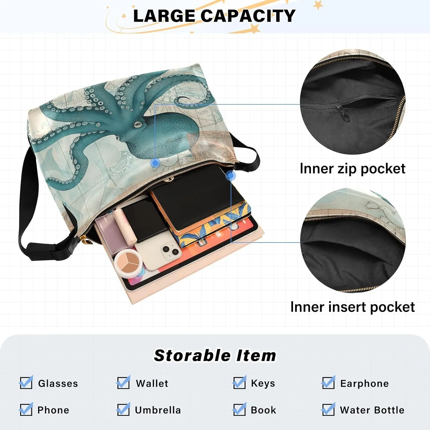 Vintage Plank Scratch Ocean Seabird Bag with Zipper and Pockets, Leather Crossbody Bag, Woman Leather Bag