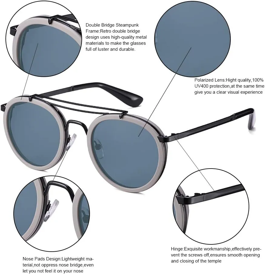 Vintage Steampunk Double Bridge Round Polarized Sunglasses Designer Metal Frame For Women Men